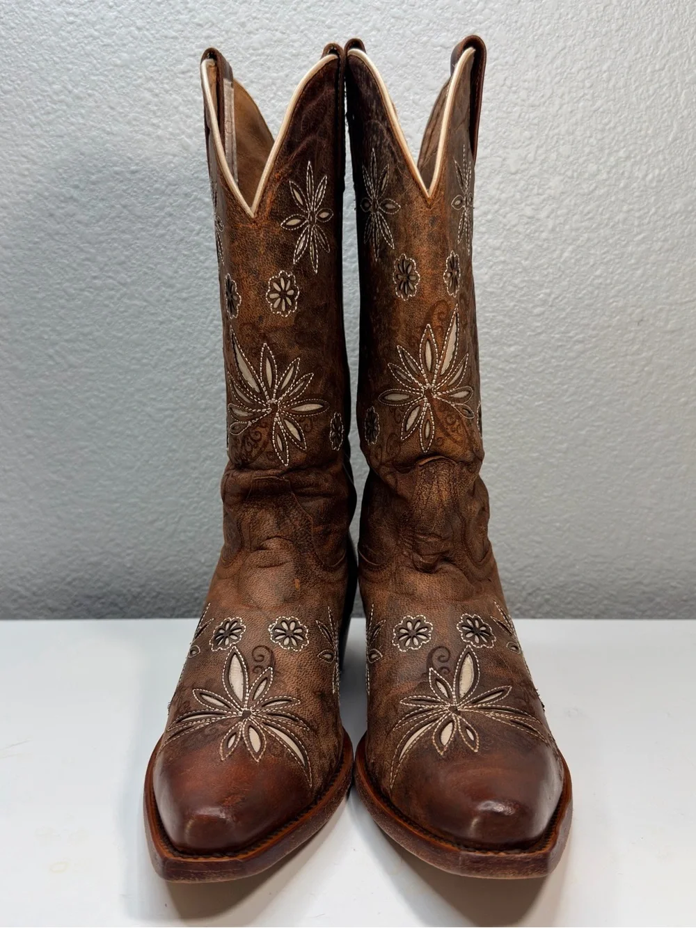 SHYANNE DAISY BROWN LEATHER FLORAL  COWGIRL BOOTS #BBW11 WOMEN SZ 6.5 B